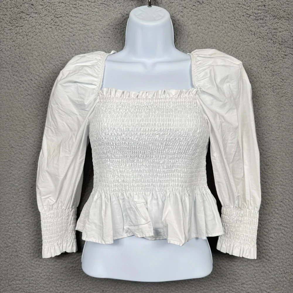 Zara Top Womens S White Smocked Romantic Feminine Milkmaid Preppy Clean Girl